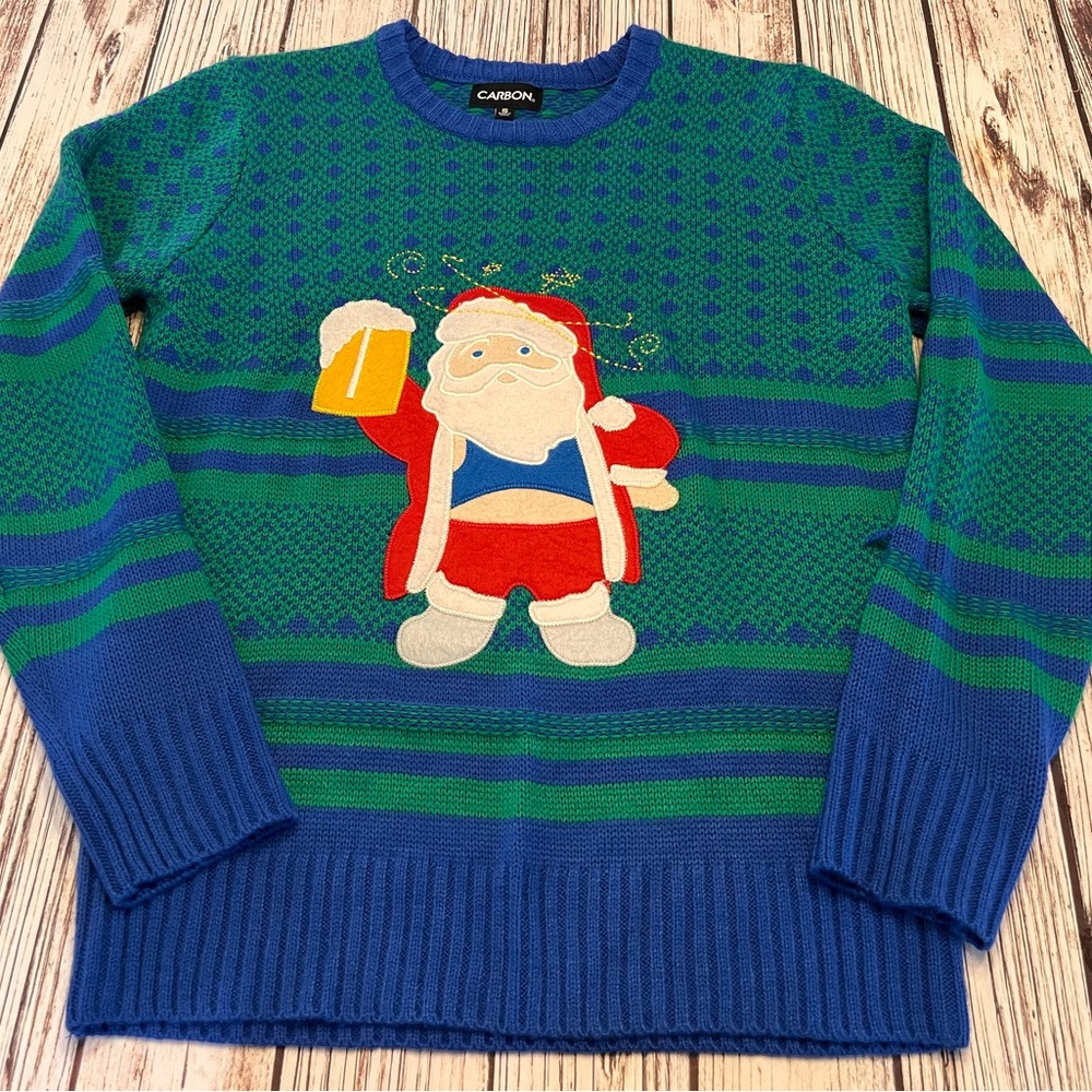 Ugly Christmas Sweater Santa & Foaming Beer Mug Blue & Green Small Cheers!